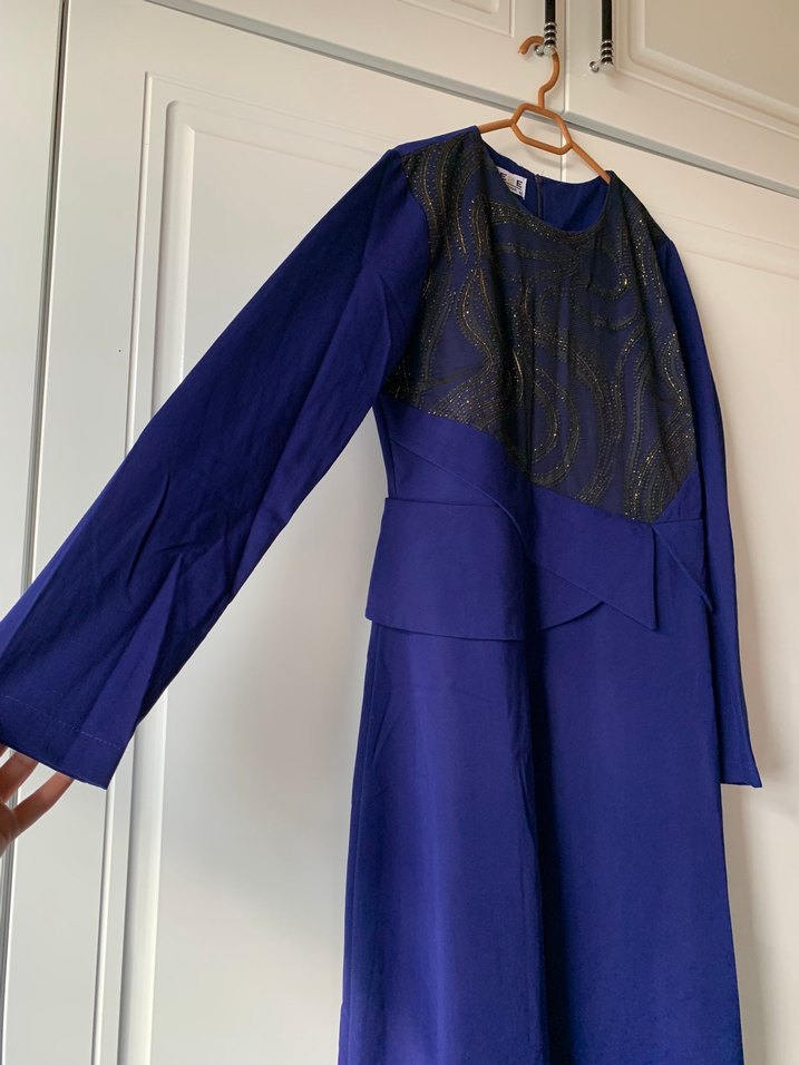 Uzun Kollu Lacivert Uzun Elbise - Görsel 3