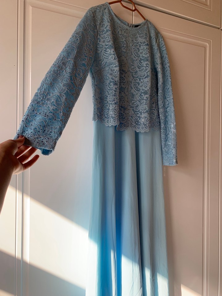 Bebek Mavi Uzun Kollu Kadın Abiye Elbise - Görsel 3