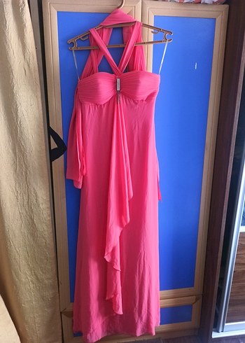 Pembe Uzun Drapeli Straplez Abiye Elbise