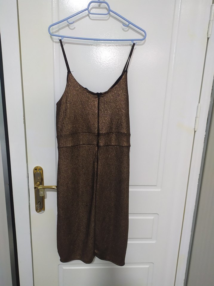 Parlak Kahverengi Drapeli Midi Elbise - Görsel 2