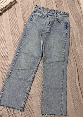 Kadın açık mavi mom jean lazer Kesim paça detaylı Denim pantolon
