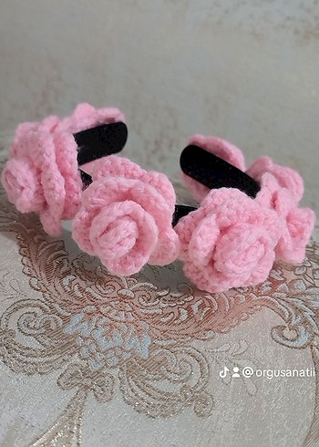 Pembe Örgü Çiçekli Saç Bandı
