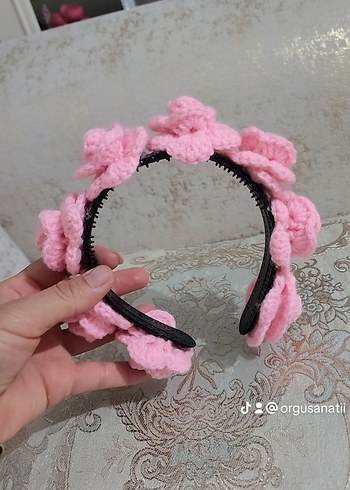 Pembe Örgü Çiçekli Saç Bandı