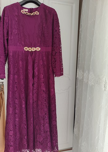 Diğer Dantel Detaylı Uzun Mor Kadın Elbise