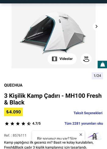 Quechua 3 Kişilik Kamp Çadırı MH100 Fresh & Black