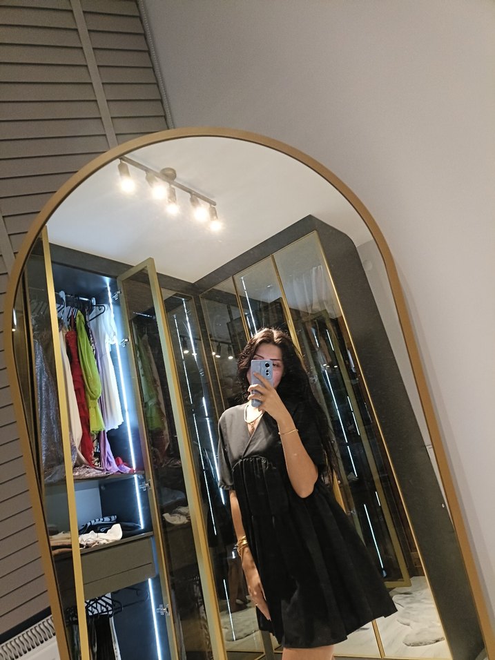 Siyah Transparan V Yaka Uzun Kollu Midi Elbise - Görsel 5