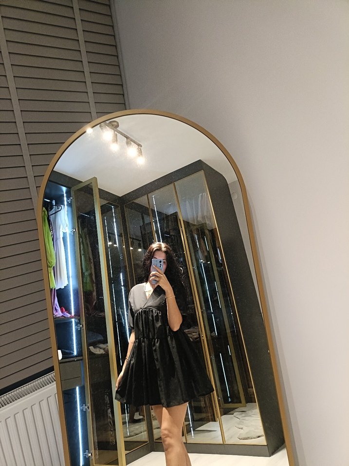 Siyah Transparan V Yaka Uzun Kollu Midi Elbise - Görsel 4