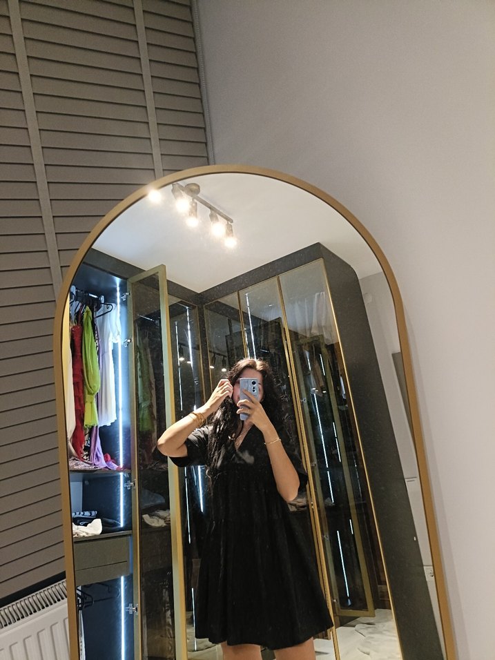 Siyah Transparan V Yaka Uzun Kollu Midi Elbise - Görsel 2