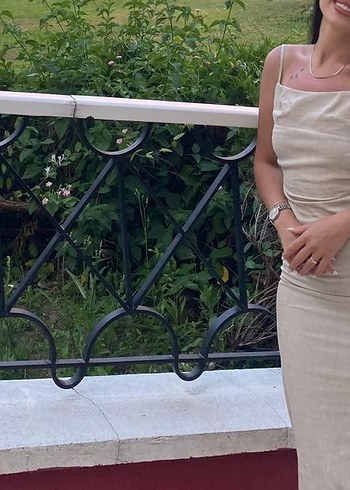 Beyaz Midi Strappy Drapeli Keten Elbise - Görsel 2