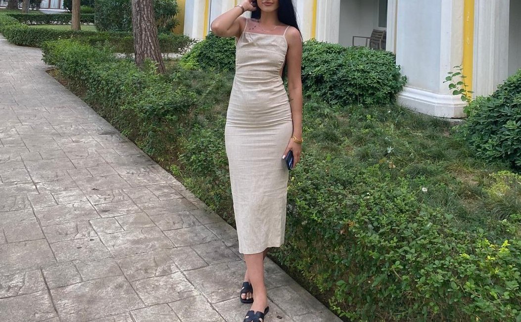 Beyaz Midi Strappy Drapeli Keten Elbise - Görsel 3