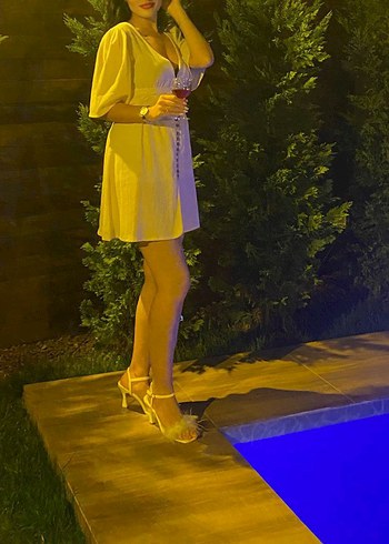 Keten V yaka mini elbise plaj veya parti elbisesi - Görsel 2