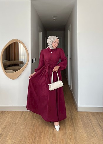 Bordo Uzun Kollu Kemerli Kadın Elbise