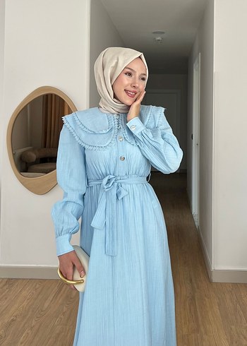 Diger Mavi Nakışlı Adalya Uzun Elbise