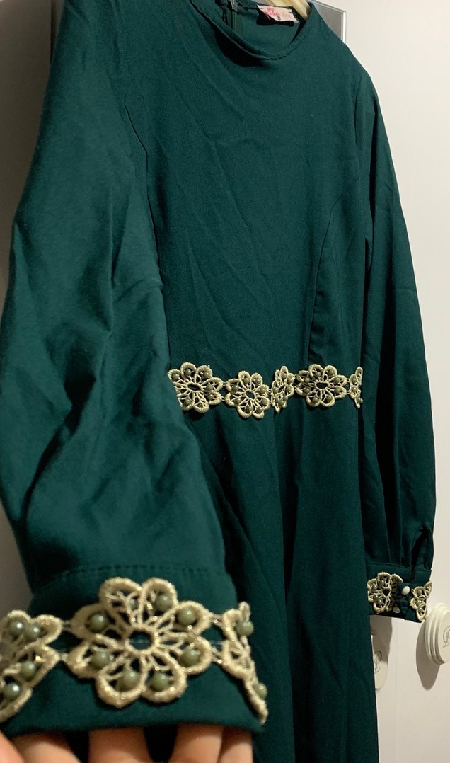 Yeşil İşlemeli Uzun Kollu Kadın Elbise - Görsel 2