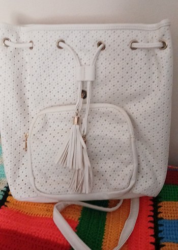 Beyaz  Bohem Sırt Çantası Püsküllü - Görsel 2