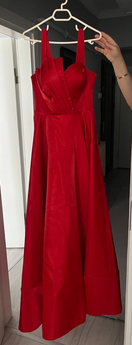 Klasik Kırmızı Uzun Drapeli Straplez Abiye - Görsel 2