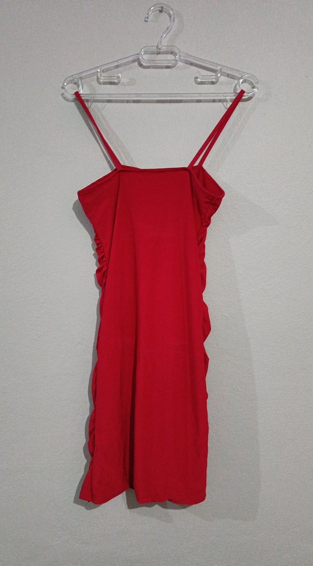 Kırmızı Drapeli İnce Askılı Midi Elbise - Görsel 2