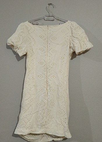 Dantel Detaylı Kısa Kollu Beyaz Keten Elbise - Görsel 2