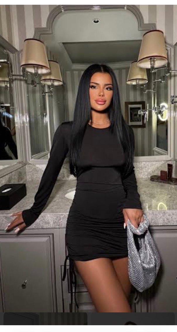 Siyah V Yaka Uzun Kollu Mini Elbise - Görsel 2