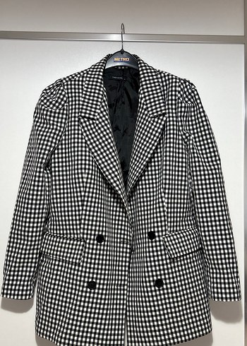 Düğmeli Siyah Kareli Kadın Blazer