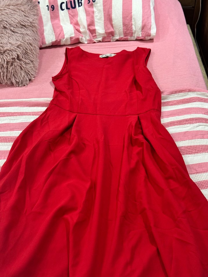 Kırmızı Midi Sade Kolsuz Elbise - Görsel 2