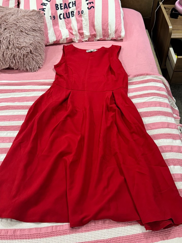 Kırmızı Midi Sade Kolsuz Elbise - Görsel 3