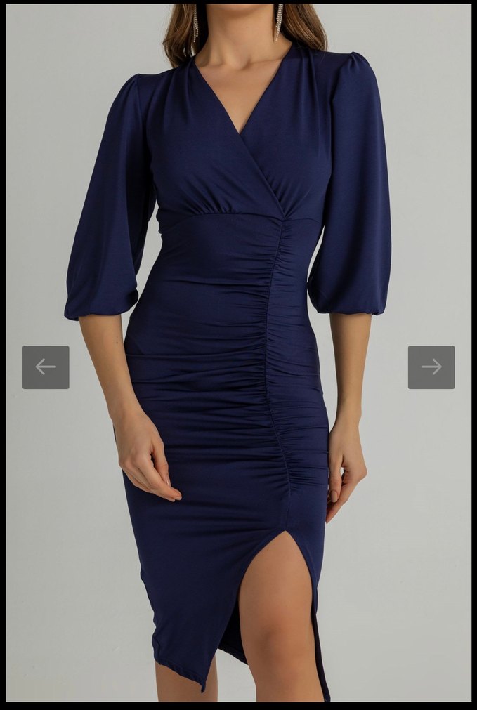 Kruvaze Yaka Lacivert Kalem Elbise - Görsel 3