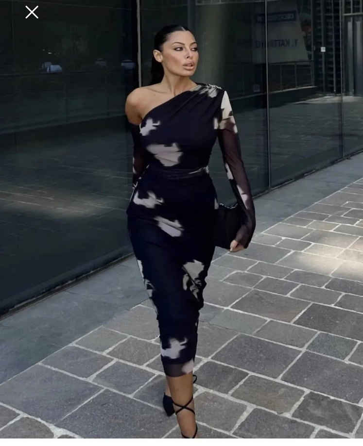 Siyah Batik Desenli Tül Elbise - Görsel 3