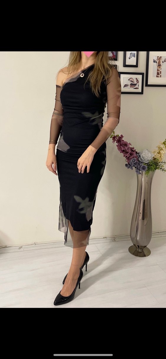 Siyah Batik Desenli Tül Elbise - Görsel 4