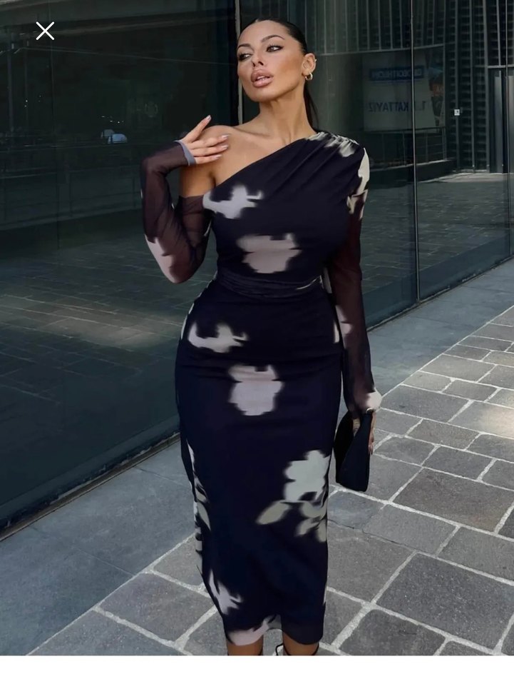 Siyah Batik Desenli Tül Elbise - Görsel 2