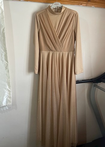 Bej Uzun Kollu Drapeli Abiye Elbise - Görsel 2