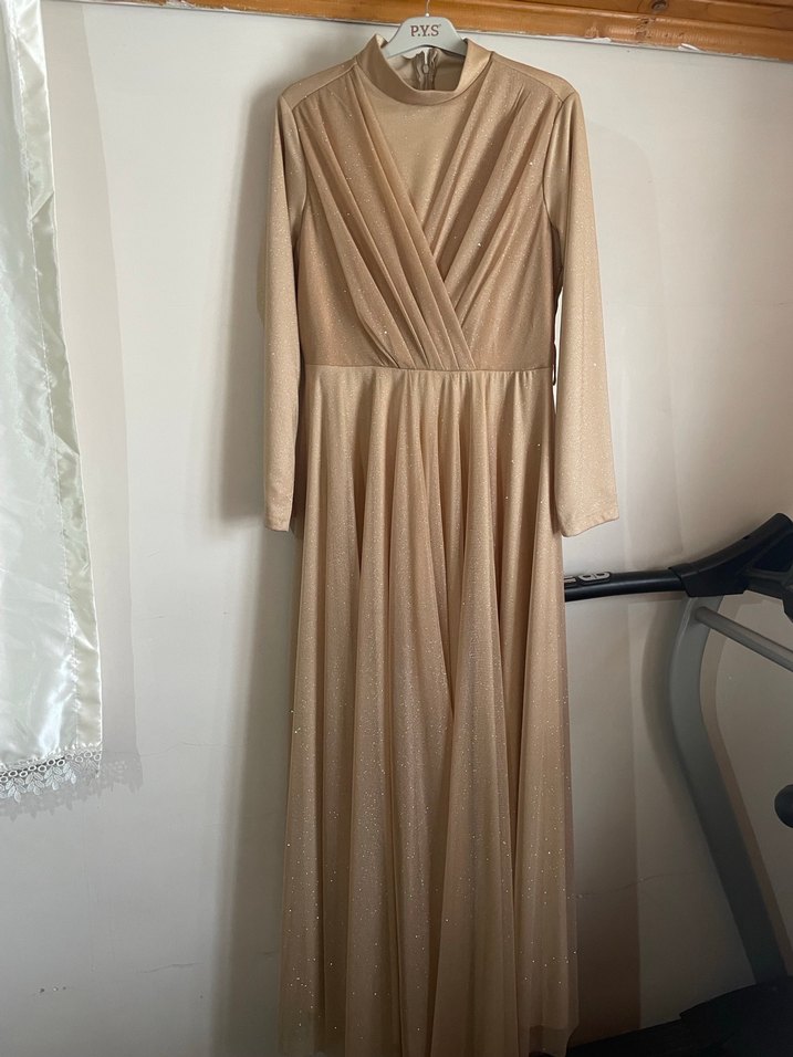 Bej Uzun Kollu Drapeli Abiye Elbise - Görsel 2