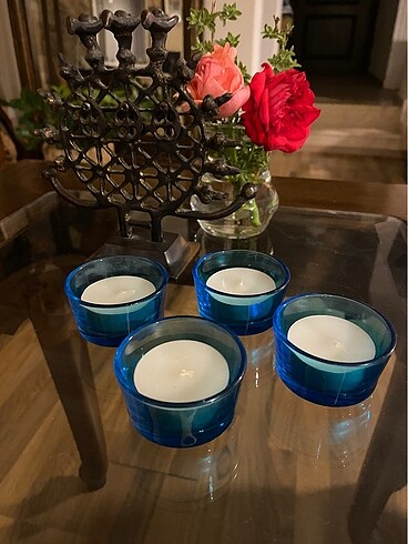 Mavi Cam Tealight Mumluk (4 adet)