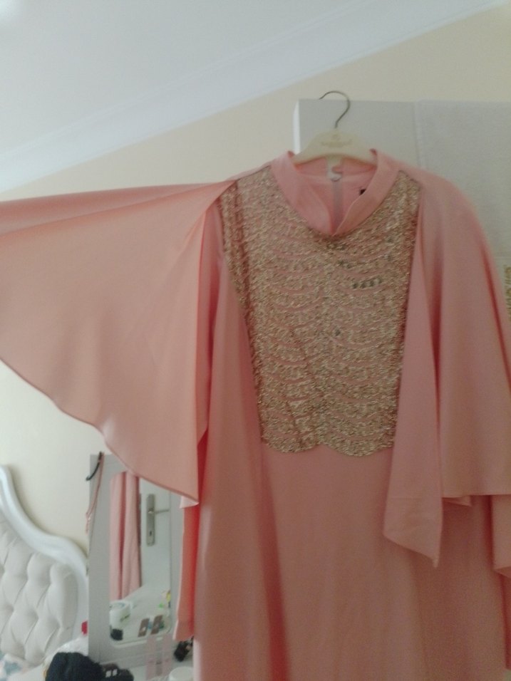 Pembe Uzun Kollu Drapeli Kadın Abiye - Görsel 2