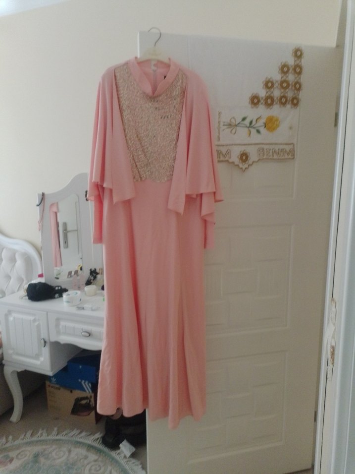 Pembe Uzun Kollu Drapeli Kadın Abiye - Görsel 5