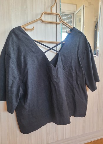 Siyah V Yaka Keten Salaş Bluz - Görsel 2