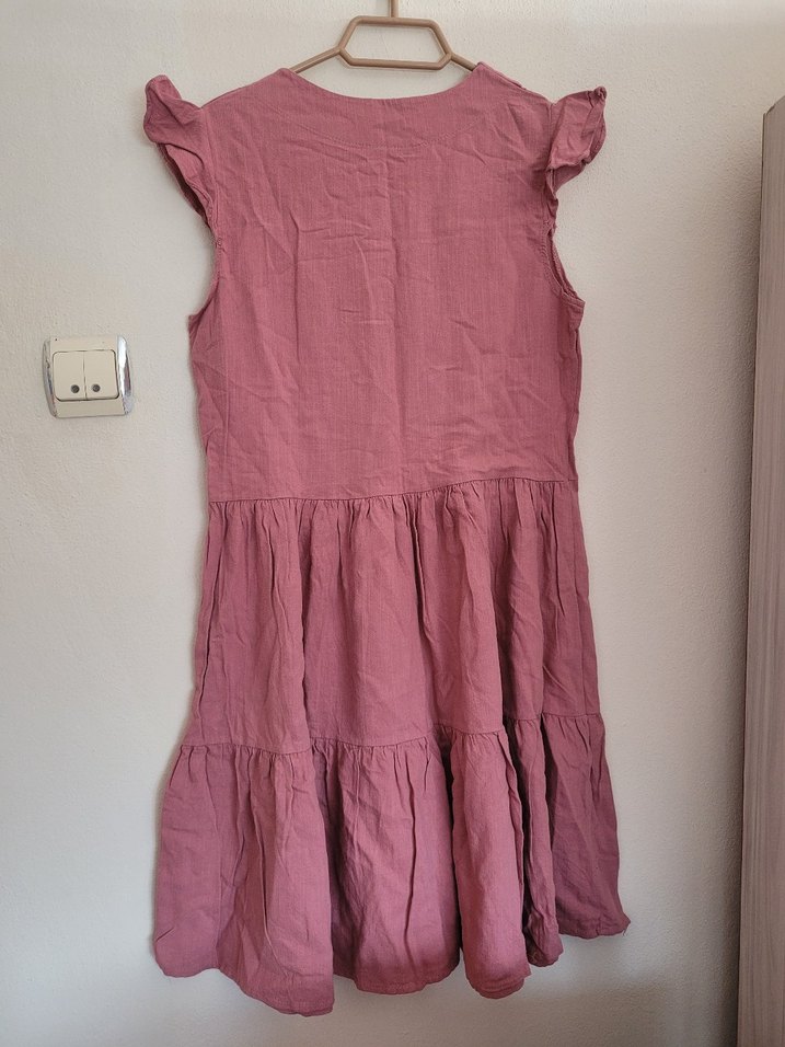 Pembe Keten Volanlı Midi Bohem Elbise - Görsel 2