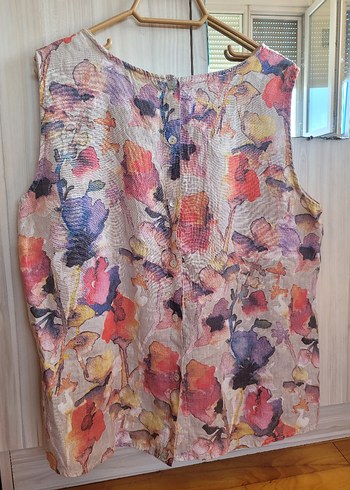 Bohem Çok Renkli Kolsuz Keten Bluz - Görsel 2