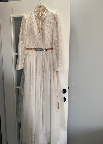 Drapeli Uzun Kollu Beyaz Vintage nikah elbisesi
