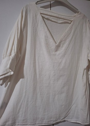 Beyaz Keten Bluz  Kısa Kollu, Salaş - Görsel 2