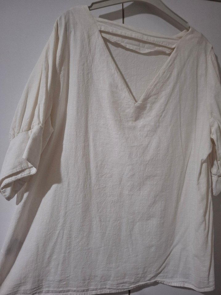 Beyaz Keten Bluz  Kısa Kollu, Salaş - Görsel 2