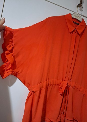 nar çiçeği Fırfırlı Keten Kadın Gömlek - Görsel 2