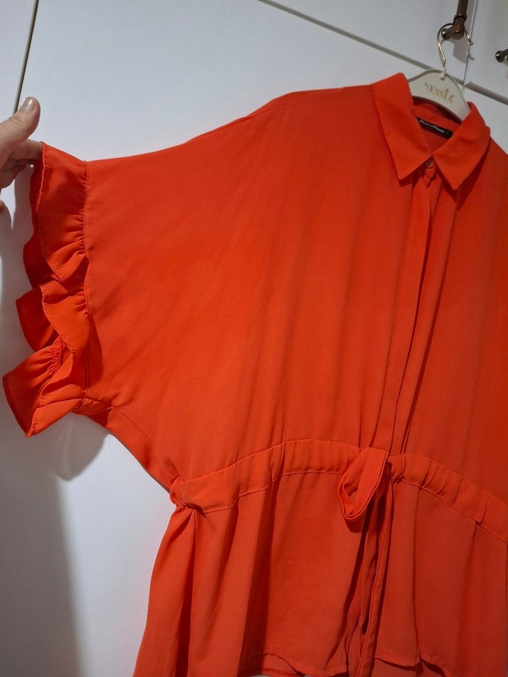 nar çiçeği Fırfırlı Keten Kadın Gömlek - Görsel 2