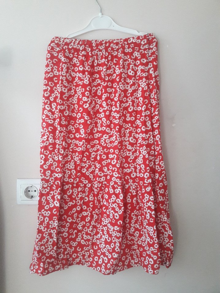 Kırmızı Pilili Uzun Pamuk Etek - Görsel 2