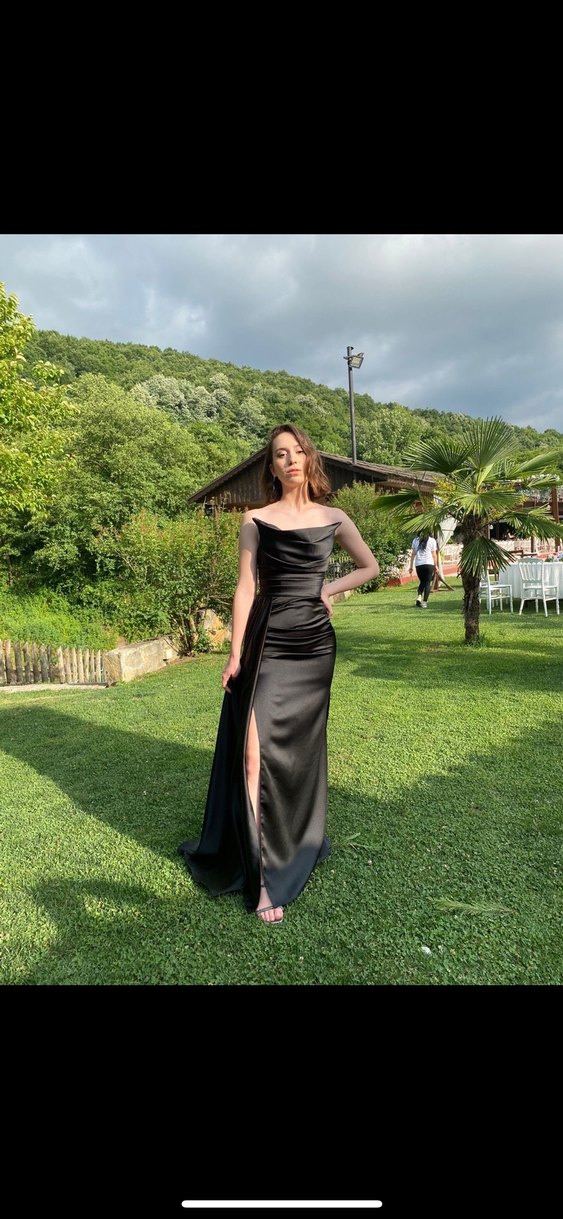 Straplez Siyah Uzun Drapeli Kadın Abiye - Görsel 2