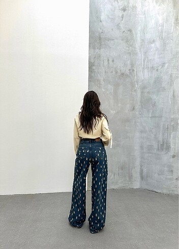 36 Beden lacivert Renk Yırtıklı eskitme bol paça jeans