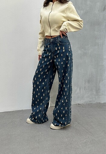 Diğer Yırtıklı eskitme bol paça jeans