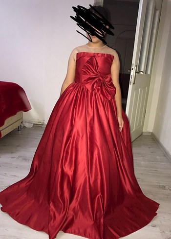 Saten Kırmızı Drapeli Straplez Uzun çocuk Abiye