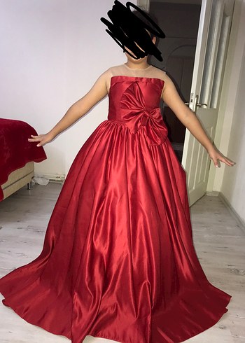 Diğer Saten Kırmızı Drapeli Straplez Uzun çocuk Abiye