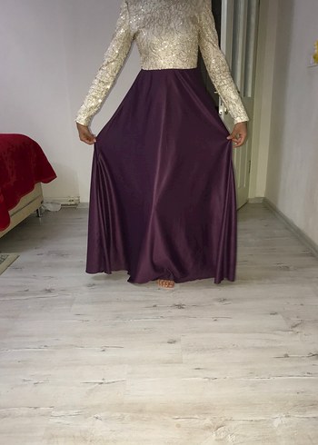 Uzun Kollu Mor Abiye Elbise